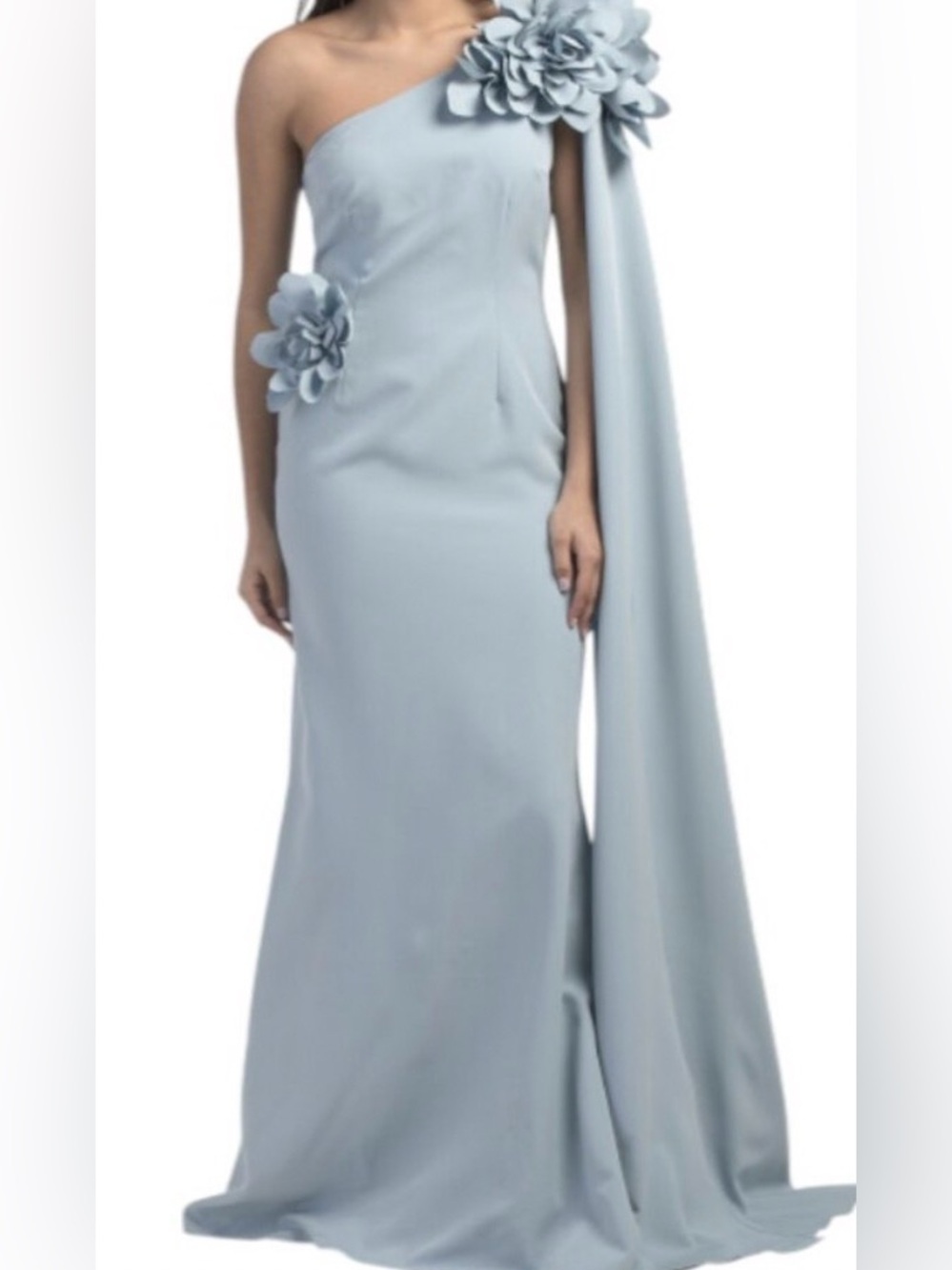 Rene Ruiz One-Shoulder Light Blue Evening Gown with Floral Accent